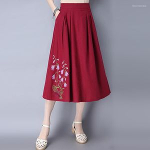 Faldas Primavera Verano Vintage mujer Casual rojo azul marino bordado línea A falda de lino mujer ropa elástica de cintura alta