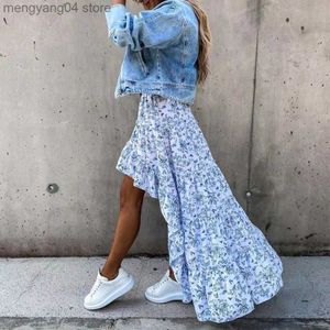 Rokken lente/zomer dames rok onregelmatige bloemenprint hoge taille lange rok voor kantoor bohos stijl rokken vrouwen onregelmatige maxi rok t230506