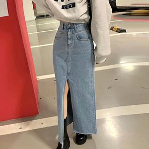 Rokken Lente Vintage Mode Hoge Taille Falda Sexy Mujer Een Knop Split Lange Denim Rok Voor Vrouwen Koreaanse Kleding M20