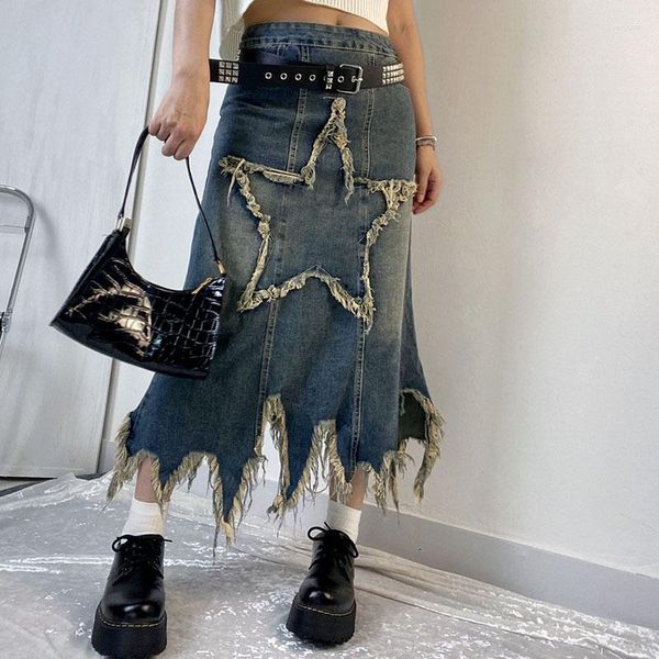 Faldas Falda de retazos de estrellas Y2K Mujer Streetwear Denim Midi Vestido largo Vintage Cintura alta Straight Grunge Jeans Girl Maxi