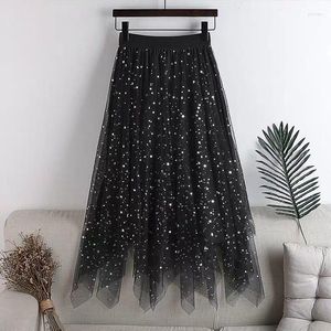 Jupes Étoile Sequin Irrégulière Gaze Jupe Élastique Taille Haute A-ligne Femmes Tulle Maille