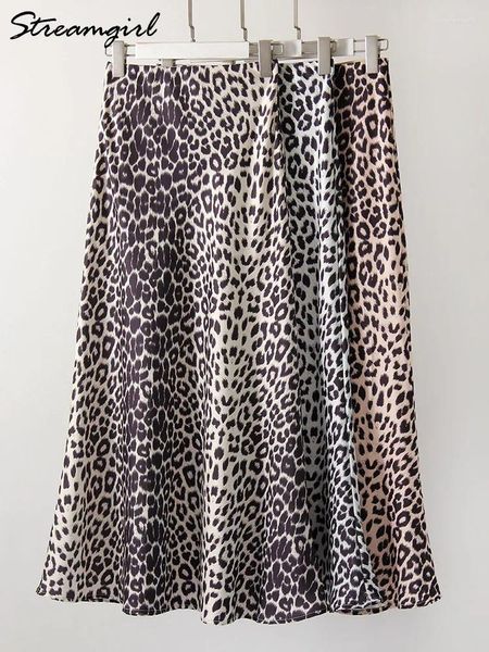 Jupes Streamgirl Summer Fishtail Leopard Jupe Femmes Satin Satin Long High Vintage Slim Elegant 2024