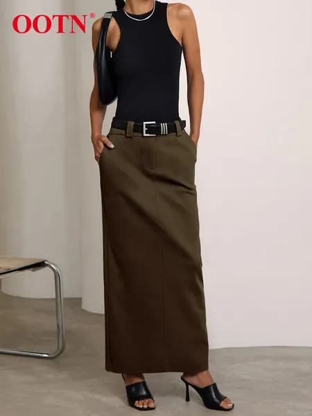 Jupes Street Chic Brown Split élégant automne taille haute longue femmes gris fermeture éclair jupe droite 2023 sergé