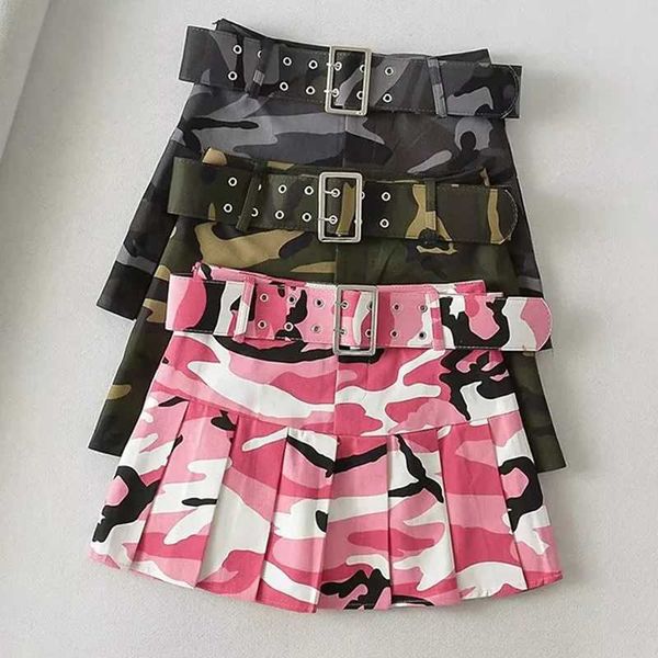 Skirts Street Womens Pink Camouflage plissé Mini Skateboard Dance School Girl High Waistband Playing A-Line New Q240507