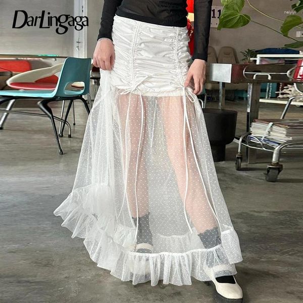 Jupes Streetwear White Ruffles Folds Sexy Long Jirt Women Fashion Mesh en dentelle coréenne en dentelle d'été transparent Summer