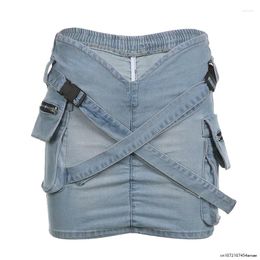 Jupes Streetwear Denim pour femmes avec poches vêtements de travail sac à dos boucle plissée jupe courte moulante