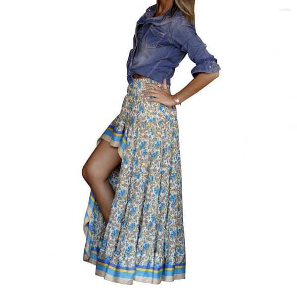 Faldas Falda de cintura alta elástica Estampado de verano Estampado de flores largo Bohemio Maxi Dobladillo irregular Elástico para dama