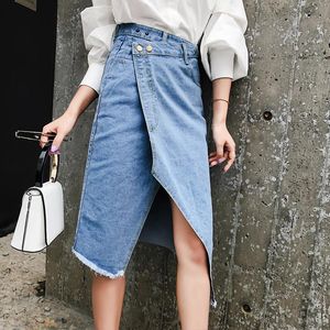 Rokken Stretch Skinny Vrouwelijke Potlook Rok Casual Hoge Taille Onregelmatige Split Dames Jean Tassel Streetwear Blue Pockets Denim