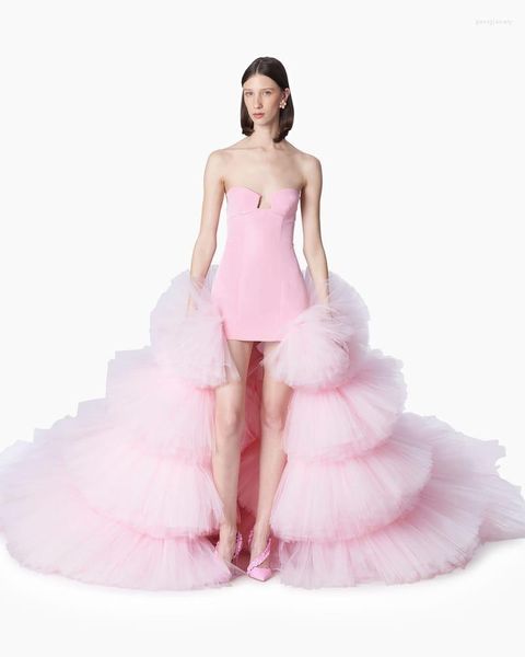 Faldas Llamativo Pink Tiered Tulle Overskirt Boda Tren desmontable Puff Ruched Mujeres Maxi Falda Mujer Tutu