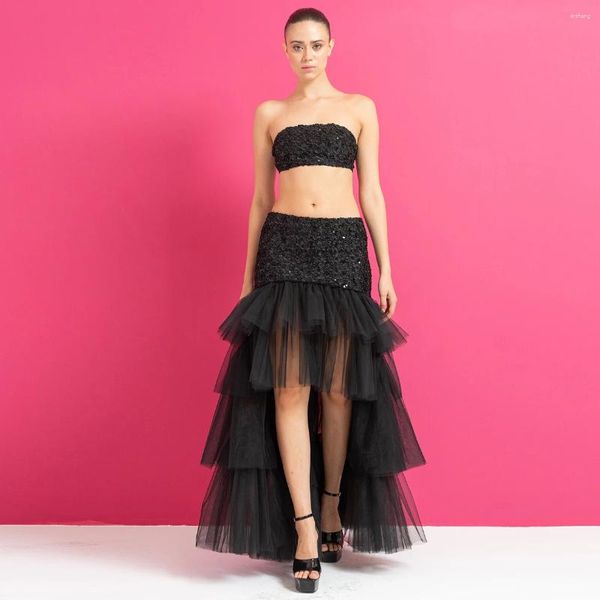 Jupes superbes noir haut bas paillettes maxi femmes à la fête jupe en tulle à plusieurs niveaux fermeture éclair mode longue femme