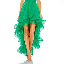 Faldas Impresionante Verde Fruncido Alto Bajo Mujeres Cremallera Cintura Bastante Largo Maxi Falda Femenina