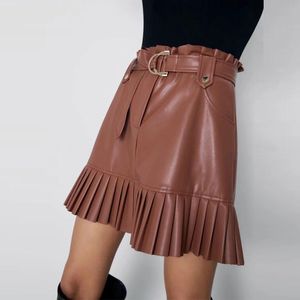 Faldas con estilo Chic Pu cuero Mini falda con cinturón moda mujer alta cintura plisada mujer Casual Streetwear fiesta Faldas