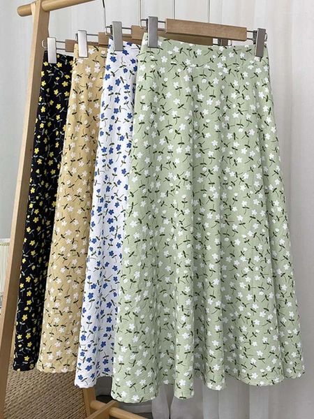 Faldas con estilo floral impreso tul mi-long mujeres cintura alta suelta paraguas femenino damas primavera verano