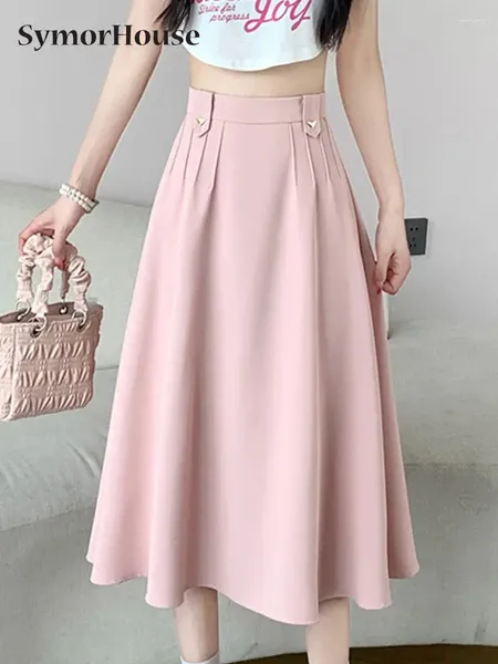 Faldas Summe Otoño Estilo francés Traje rosa Mujer Moda Elegante Cintura alta Plisado Casual A-Line Paraguas Faldas