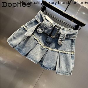 Faldas verano 2023 primavera negro Denim plisado mujeres adelgazamiento dulce picante alta cintura A-Line Mini estudiante Jean