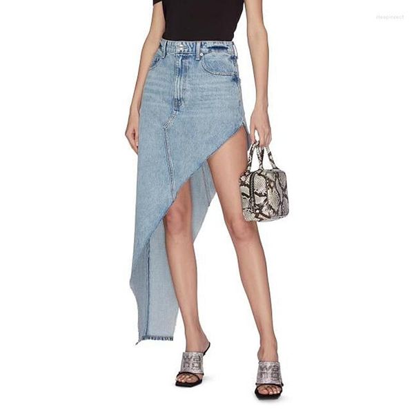 Faldas de verano asimétrico largo Jeans para mujer cintura alta Split Sexy Denim falda coreana para mujer Jupe FemmeSkirts