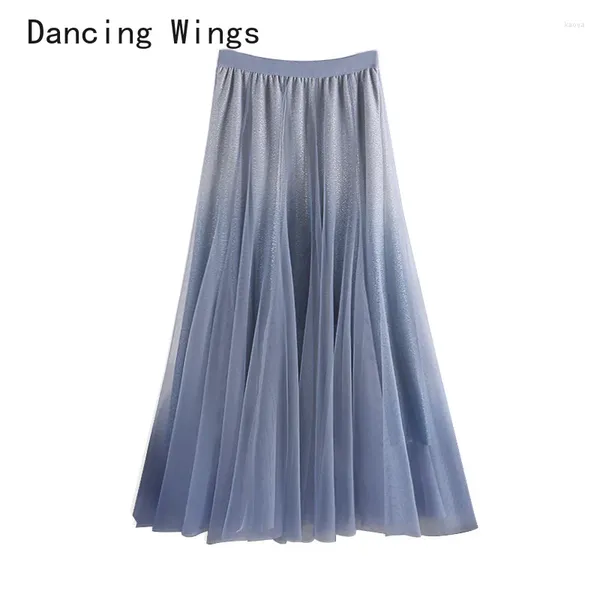 Jupes d'été automne haute taille élastique mailles longues maxi femmes plissées gradient couleur tulle tutu jupe de vacances