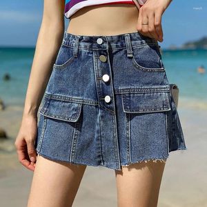 Jupes Summer Black Blue Pockets coréens Single-Breasted Skirt Femmes All-Match All-Match Casual Patchwork A-Line Denim Hip Jean