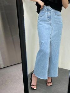 Jupes d'été bleu élégant haute taille en denim droit jupe femme vintage divisé long bodycon wrap crayon hanche jean polyvalent