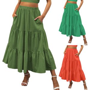 Rokken zomer boho elastische taille geplooide rokken voor vrouwen plus maat een lijn vloeiende swing gelaagde lange rokjurk met zakken y2k kleding 230427