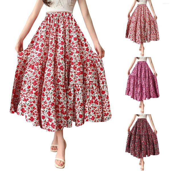 Faldas verano casual una línea falda mujeres elegante estampado floral retro cintura alta elástico plisado grande swing midi