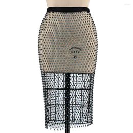 Faldas Verano Celebridad Negro Blanco Rojo Enrejado Falda Cuentas Rinstones Hasta la rodilla Mujeres Super Sexy See Through Club Vendaje