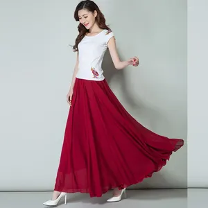 Jupes d'été en mousseline de soie, grande taille, jupe pleine longueur, taille haute, danse élégante, rose, noir, rouge, bleu marine, blanc, longue