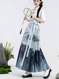 Jupes d'été style chinois amélioré hanfu imprimer long face à cheval jupe femme haute taille élégante plissée à lacets en une seule pièce