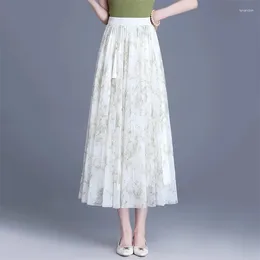Jupes Summer Chinois Style imprimé en mousseline de mousseline jupe pour femmes Vêtements 2024 Élégant haute taille fleu