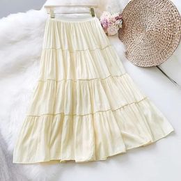 Jupes été coton lin jupe littéraire noir blanc longue taille haute décontractée a-ligne pour les femmes plissées vêtements de mode coréenne