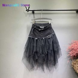 Jupes Été Denim Saia jean jupe femmes irrégulière taille haute maille Patchwork longue plissée mi-mollet Tulle jupes Tutu haute rue 020723H