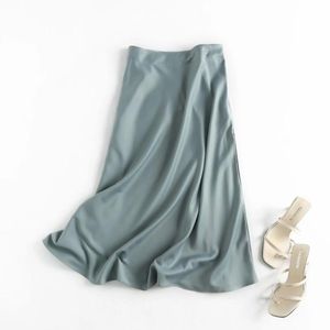Skirts Summer Faldas Mujer Moda 2023 Midi Womens England Office Lady Satin High Waist Simple Long Skirt Female