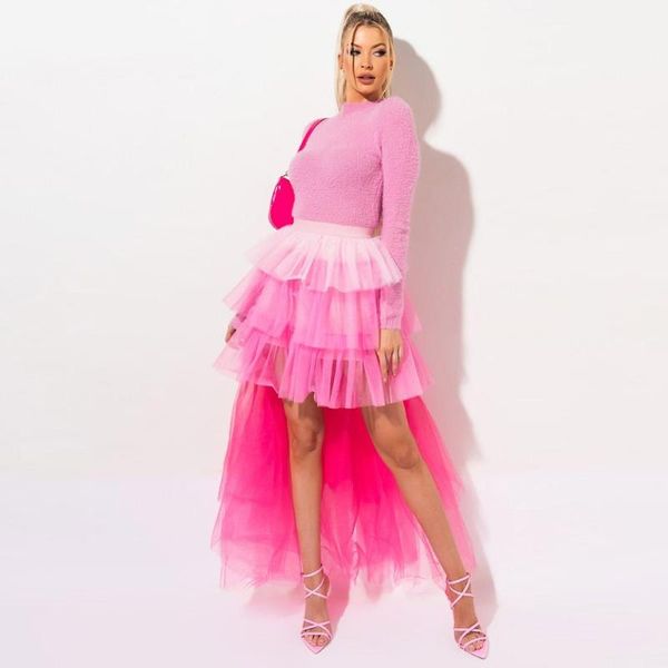 Jupes été Fuchsia haut bas mélange couleur Tutu jupe femmes longs volants à plusieurs niveaux Tulle élastique sur mesure femme 2022 jupes