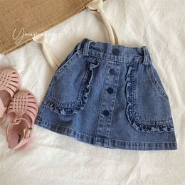 Jupes D'été Filles Jupes Casual Enfants Denim Jupe Bébé Vêtements Volants Poches Enfants Filles Jean Jupes Toddler Filles Vêtements 230619