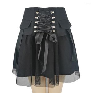 Jupes d'été en dentelle gothique mignon bandage haute taille sexy mini jupe lolita volants plissés japonais noir a-ligne y2k court tutu 90s
