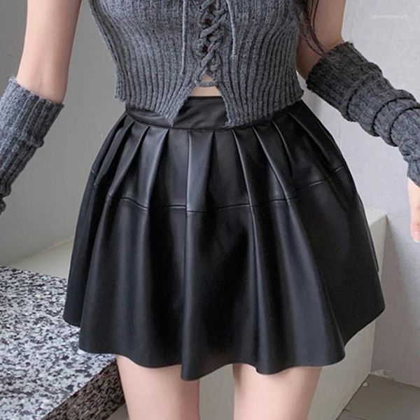 Jupes été coréen solide Pu cuir Mini jupe courte femmes décontracté taille haute Harajuku dames plis mode a-ligne femme