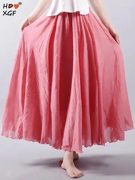 Jupes en lin d'été coton 15 couleurs long pour les femmes coréennes de la mode coréenne élastique haute jupe de parapluie plissée