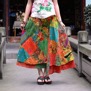 Rokken zomer lange buste rok etnische vrouwen katoen dubbelzijdige print big van de jurken
