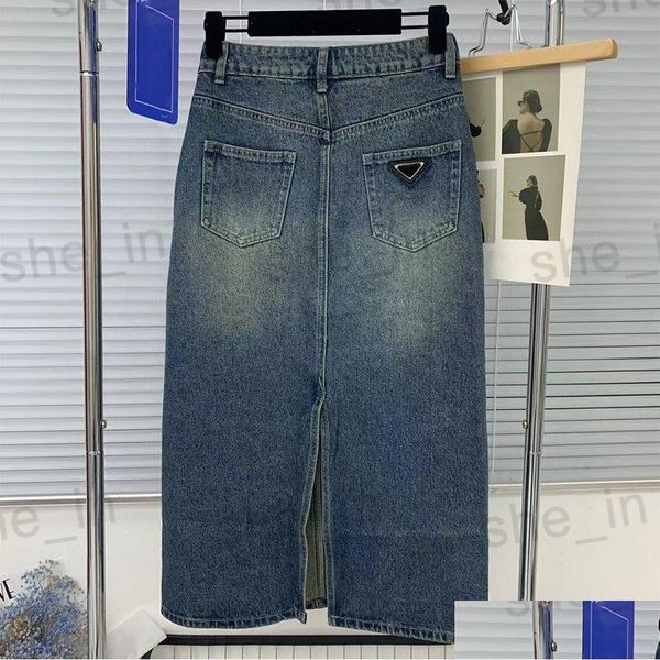 Jupes Été Jupe Longue Designer Femme Mode Denim Lettres Élégantes Pantalon Fendu Modèle Classique Une Ligne Femmes Pantalon Vêtements 23SS Dro Dhz7T