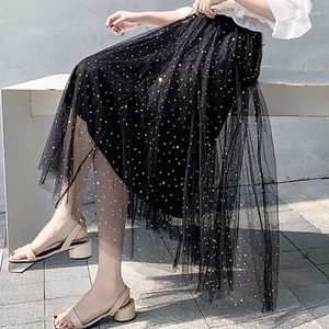 Rokken Zomer Mesh Midi Vrouwen Elegante Hoge Taille Ruches Mode Dame Dot A-lijn Lovertjes Voor Zwart Wit Roze