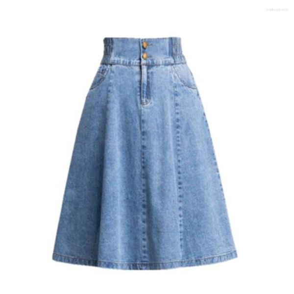 Faldas Midi de verano 2023 para mujer, falda vaquera de cintura alta, pantalones vaqueros informales azules ajustados, acampanados, plisados hasta la rodilla