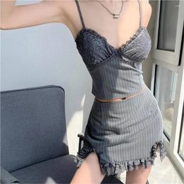 Faldas de verano mini para mujer ropa vintage lápiz falda y2k lindo rayado de moda coreana micro encaje adorno