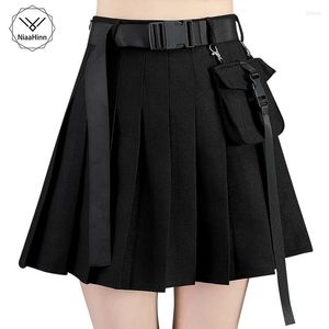 Faldas Verano Punk Japonés Overoles Cintura alta A-line Falda Mujer Versión coreana Negro Bolsillo delgado Color sólido Plisado