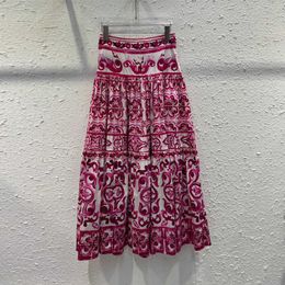 Skirts Zomer Runway Vintage Safflower Porselein Print High Taille Red Floral Rok naar enkel 230817