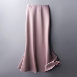 Rokken Zomer Silk Midi Koreaanse Engeland Stijl Satijnen Kantoor Dame Simple Solid Elegant Faldas Mujer Moda Long 230314