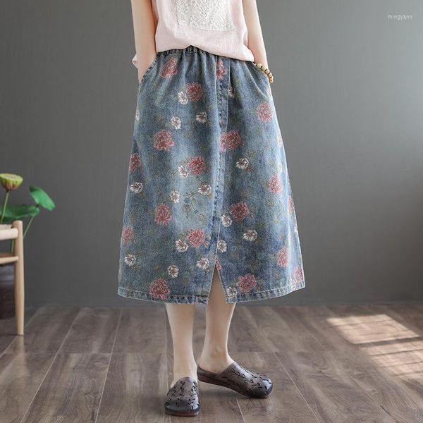 Faldas verano primavera Jeans falda Floral Midi algodón Denim para mujeres 2023 niñas cintura alta bolsillo A Line Stitch DD891
