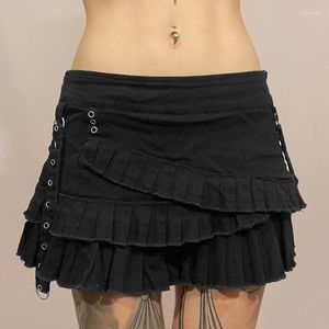 Faldas de verano calle Hipster Color sólido oscuro asimétrico pliegue Patchwork alta cintura mujer A-line Denim Falda corta plisada