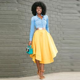 Jupes Style d'été jaune femmes Jupe mode une ligne mi-mollet noir fille taffetas haute rue Saias Jupe sur mesure jupes