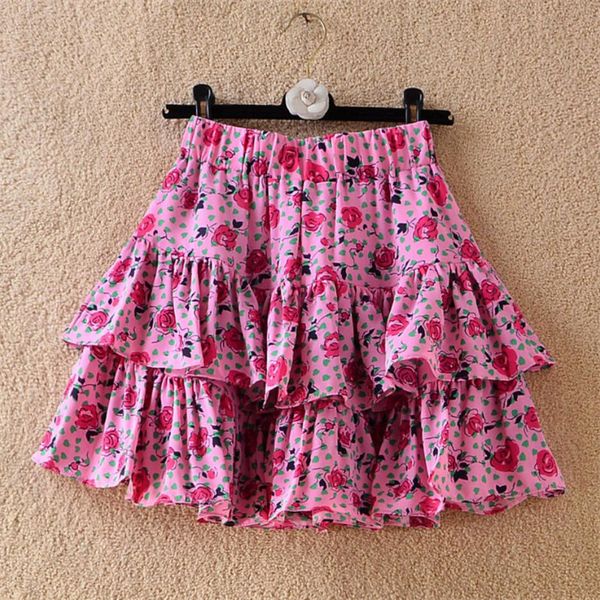 Jupes D'été Doux Filles Rose Floral Jupe Courte Femmes Taille Haute Imprimé En Mousseline De Soie Gâteau Jupes Vintage Fleur Imprimer Jupes Femme 230519