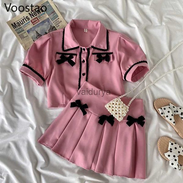 Skirts Summer Sweet Lolita Style Princess Skirt Sets Girls Cute Bow Camiseta de manga corta Tops Crops de cintura alta Mini Falda Mujeres 2 PC YQ231218